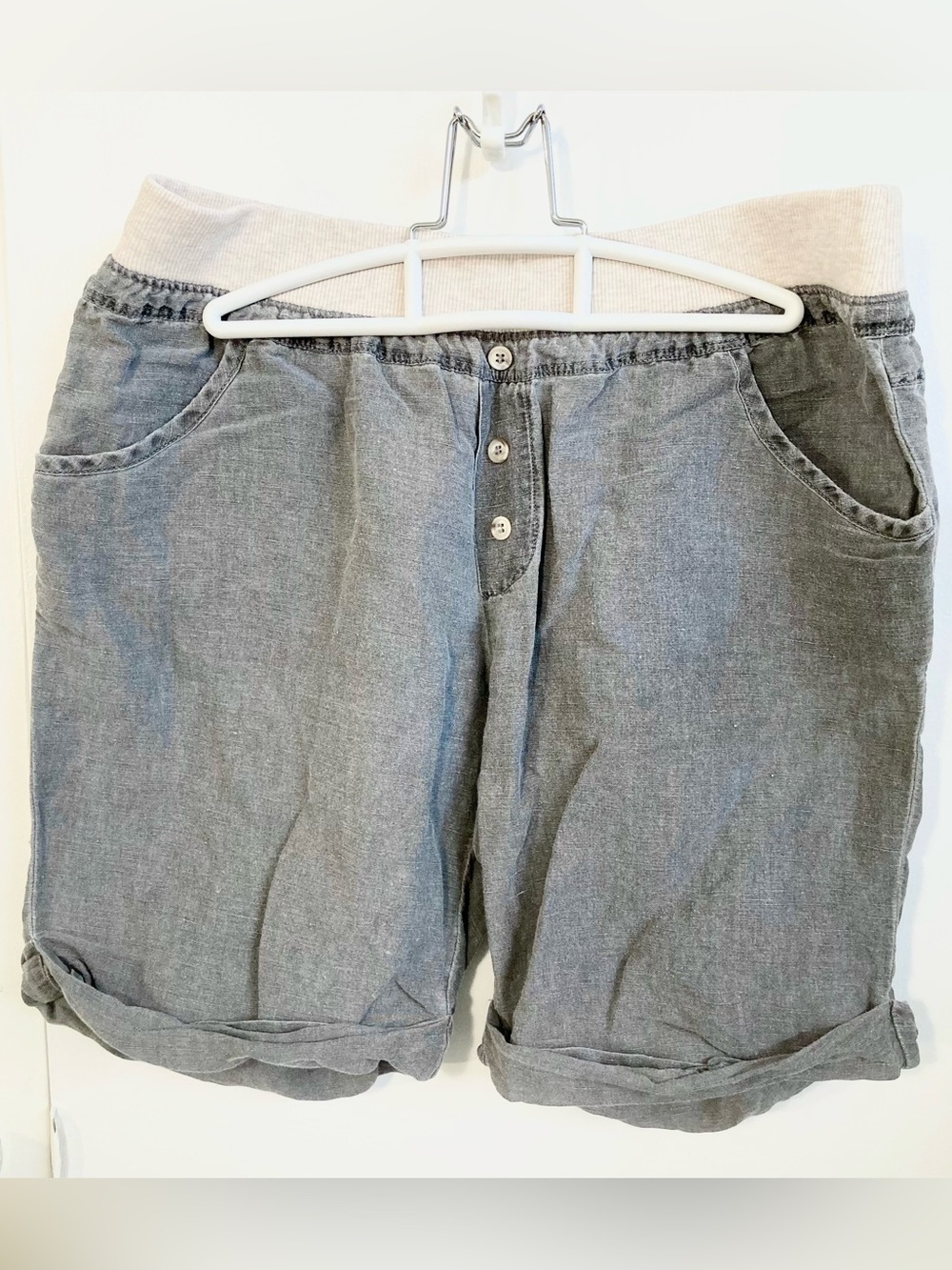 Splendid Linen Bermuda Shorts Rolled Hem & Elastic Waist, Light Charcoal Gray